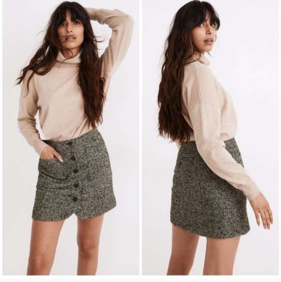 Madewell Dresses & Skirts - Madewell Green Herringbone Tweed Button Front Wool Blend Lined Mini Skirt Size 8